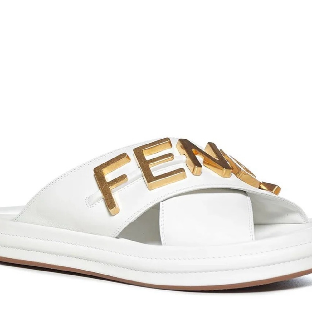 FENDI FENDIGRAPHY LOGO CRISSCROSS LEATHER SLIDE SANDAL OFFER 25% OFF